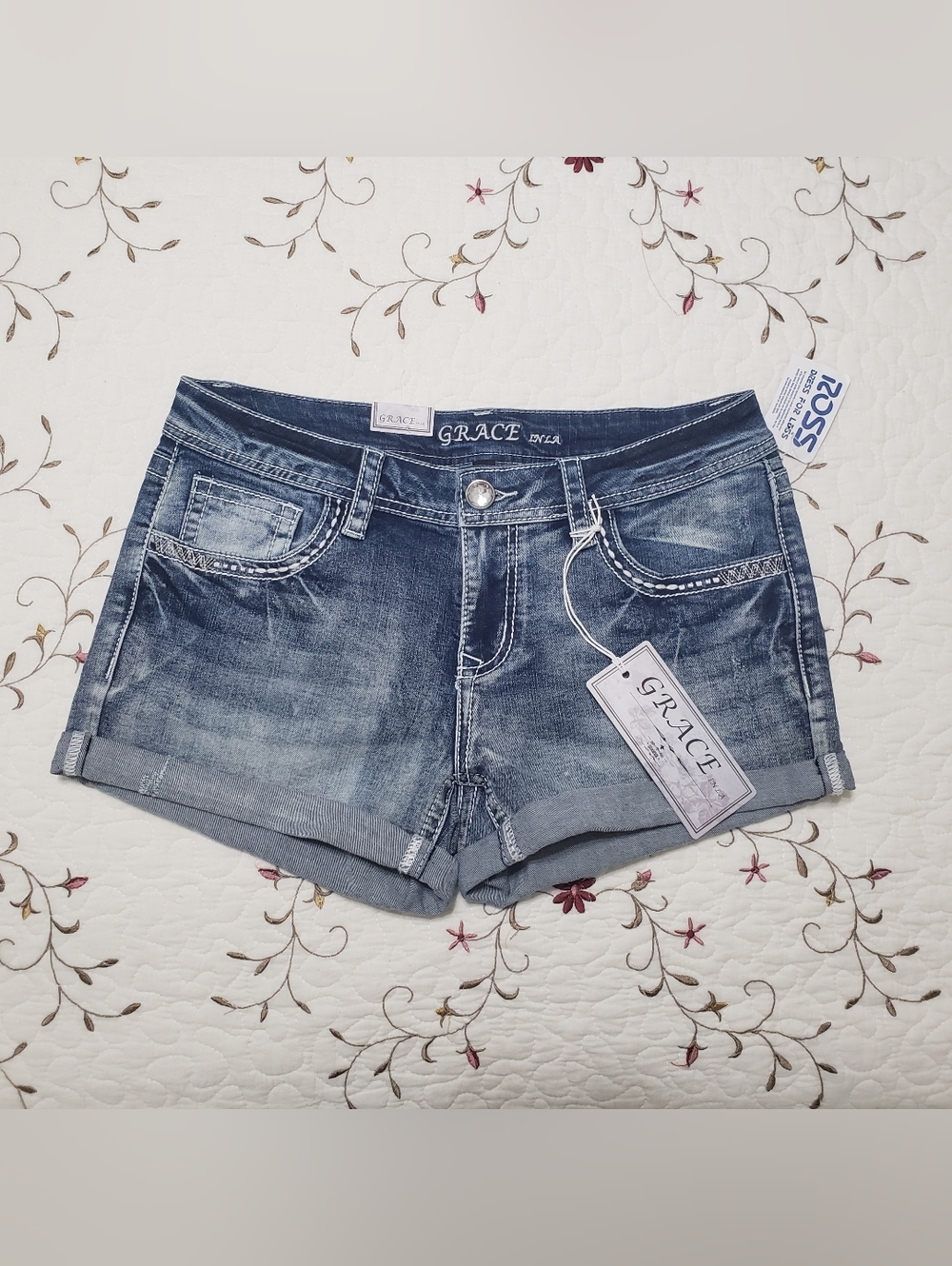 GRACE In LA Women's Blue Denim Roll-Hem Shorts